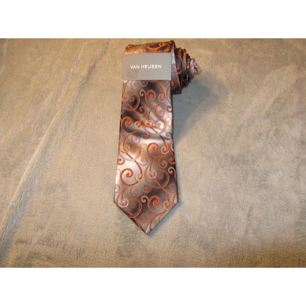 Van Heusen Mens‎ Orange Silver Grey Swirl Paisley 100% Silk Necktie 5V963019 NEW